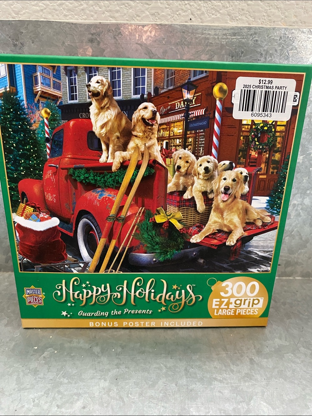 Happy Holidays 300-Piece Puzzle with Golden Retrievers (Green, Red)